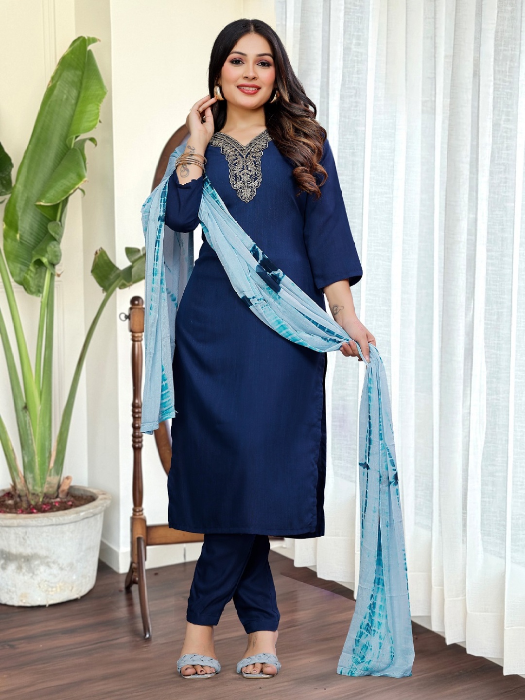 

Fashion Ritmo Women Ethnic Motifs Embroidered Regular Kurta with Pyjamas & With Dupatta, Blue