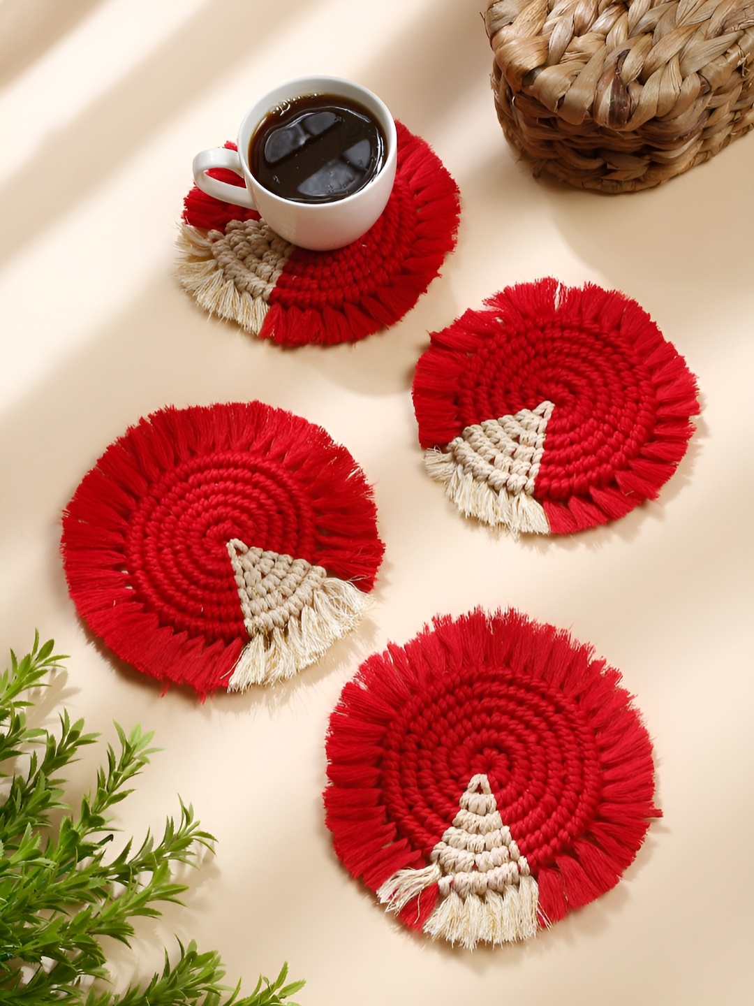 

My Creative Hut Red & Beige 4 Pieces Braided Bohomian Style Round Coasters
