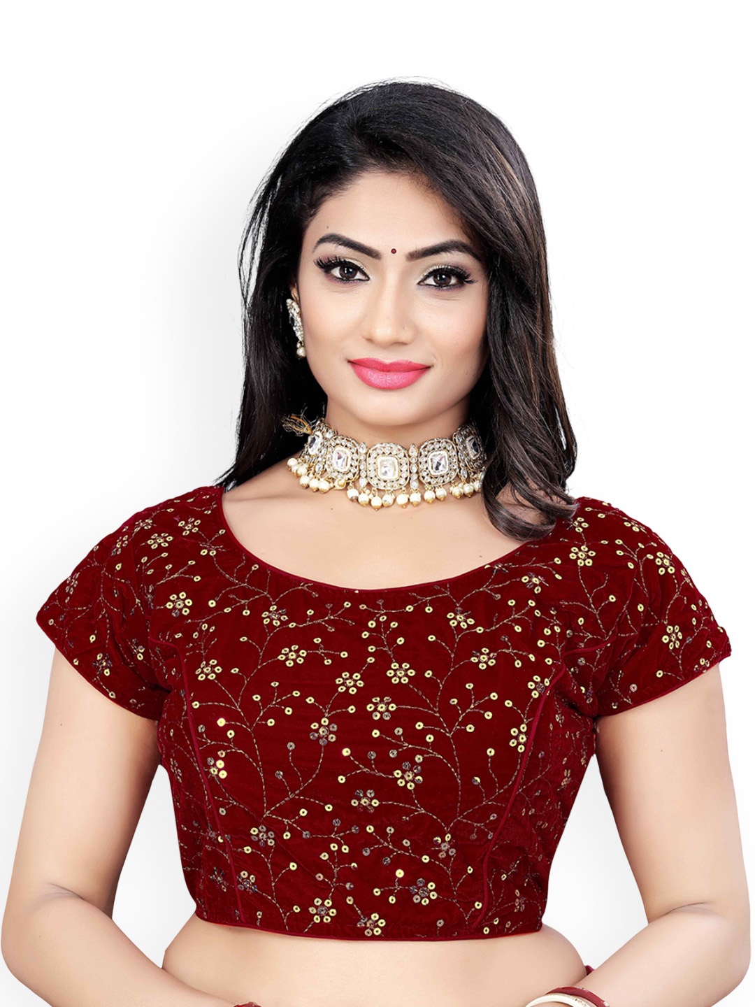 

HERE&NOW Embroidered Round Neck Velvet Saree Blouse, Maroon