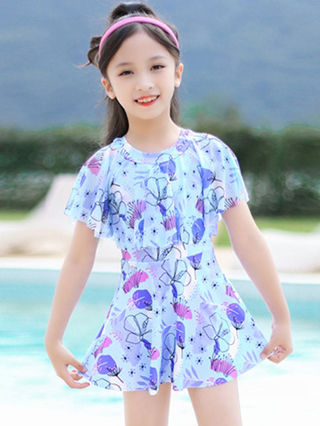 

YK Girls Printed Swim Dress, Blue