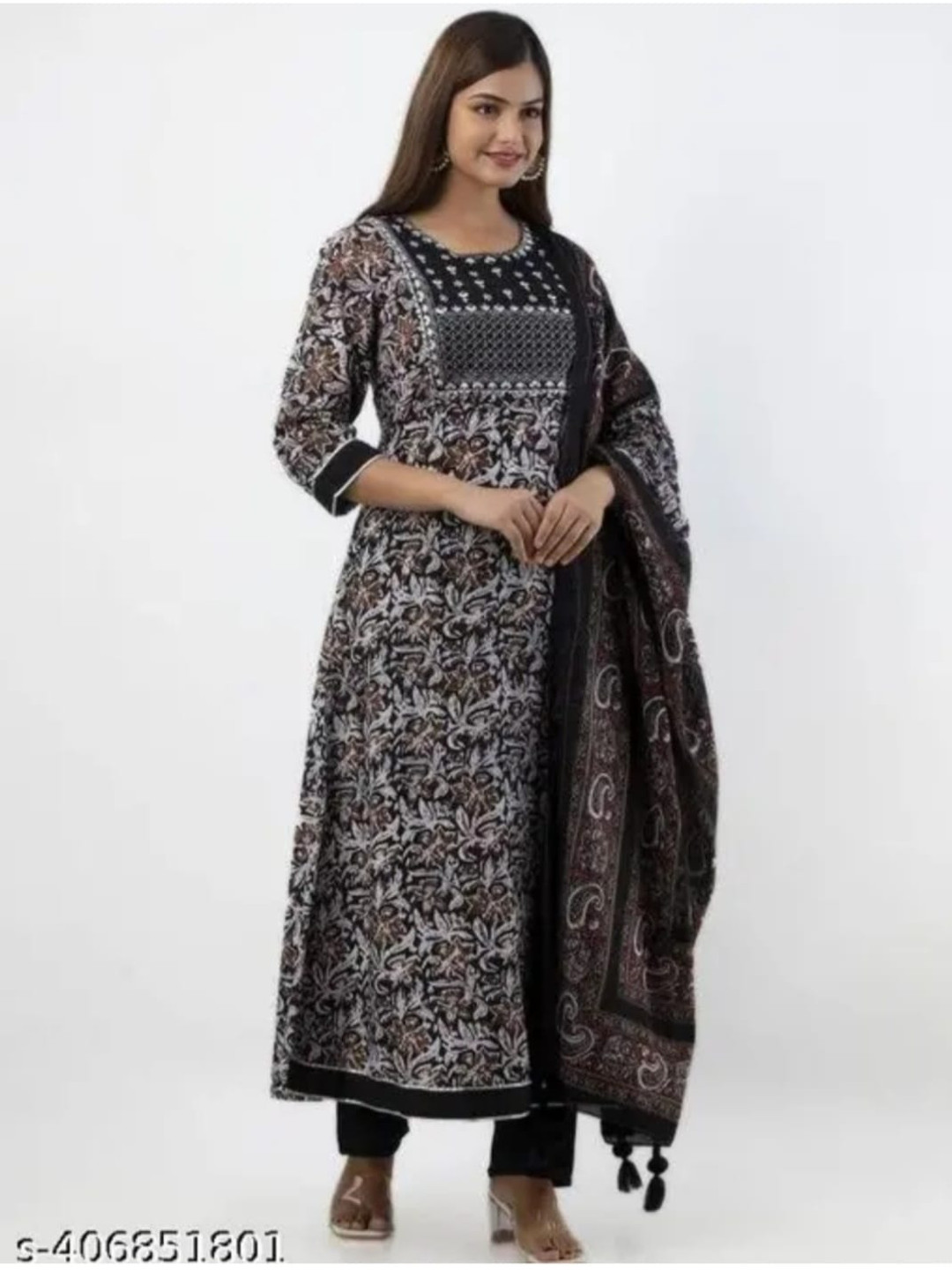 

KALINI Floral Printed Pure Cotton A-Line Kurta With Trousers & Dupatta, Black