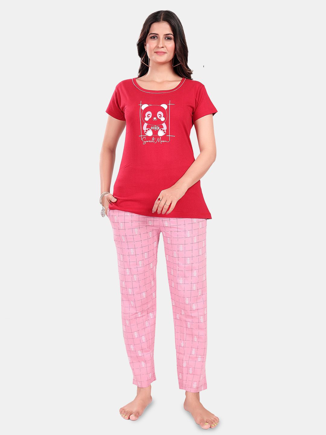 

SWEET MOON Printed Round Neck Night suit, Red