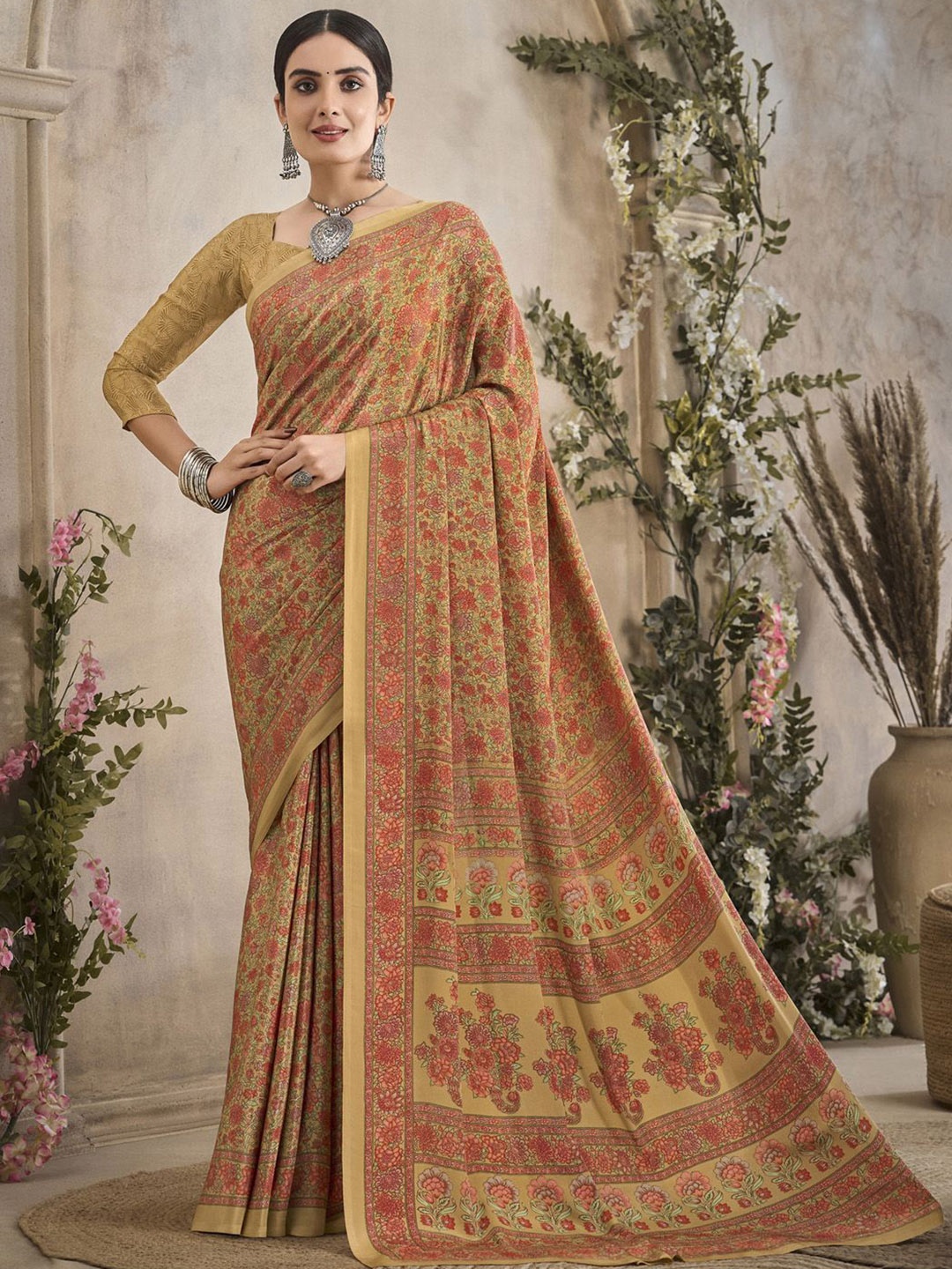 

Anouk Rustic Women Floral Printed Bagru Saree, Beige