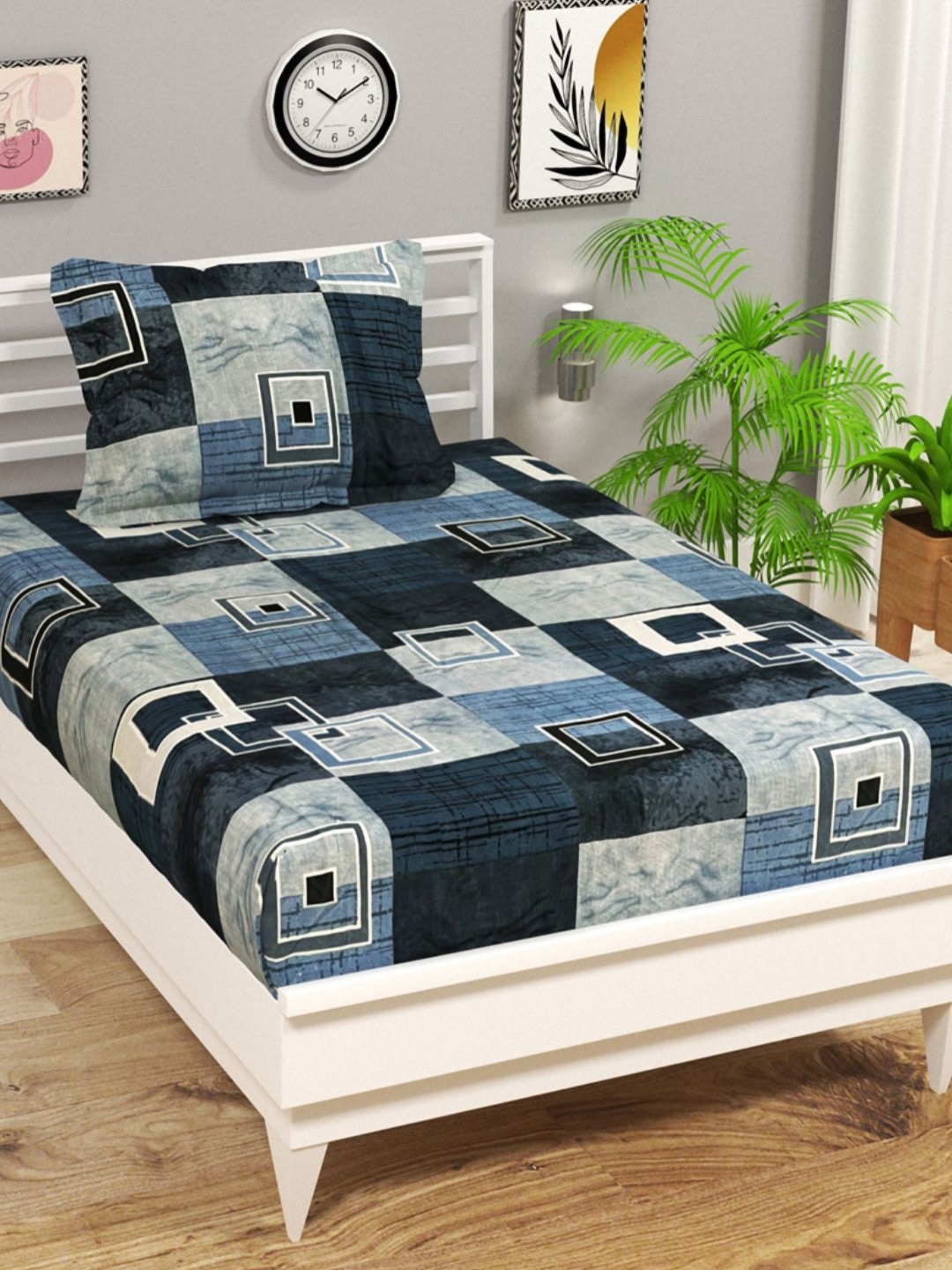 

bsb home Aspire Blue & Grey Printed Microfiber 144 TC Single Bedsheet Set 2.28m x 1.52m