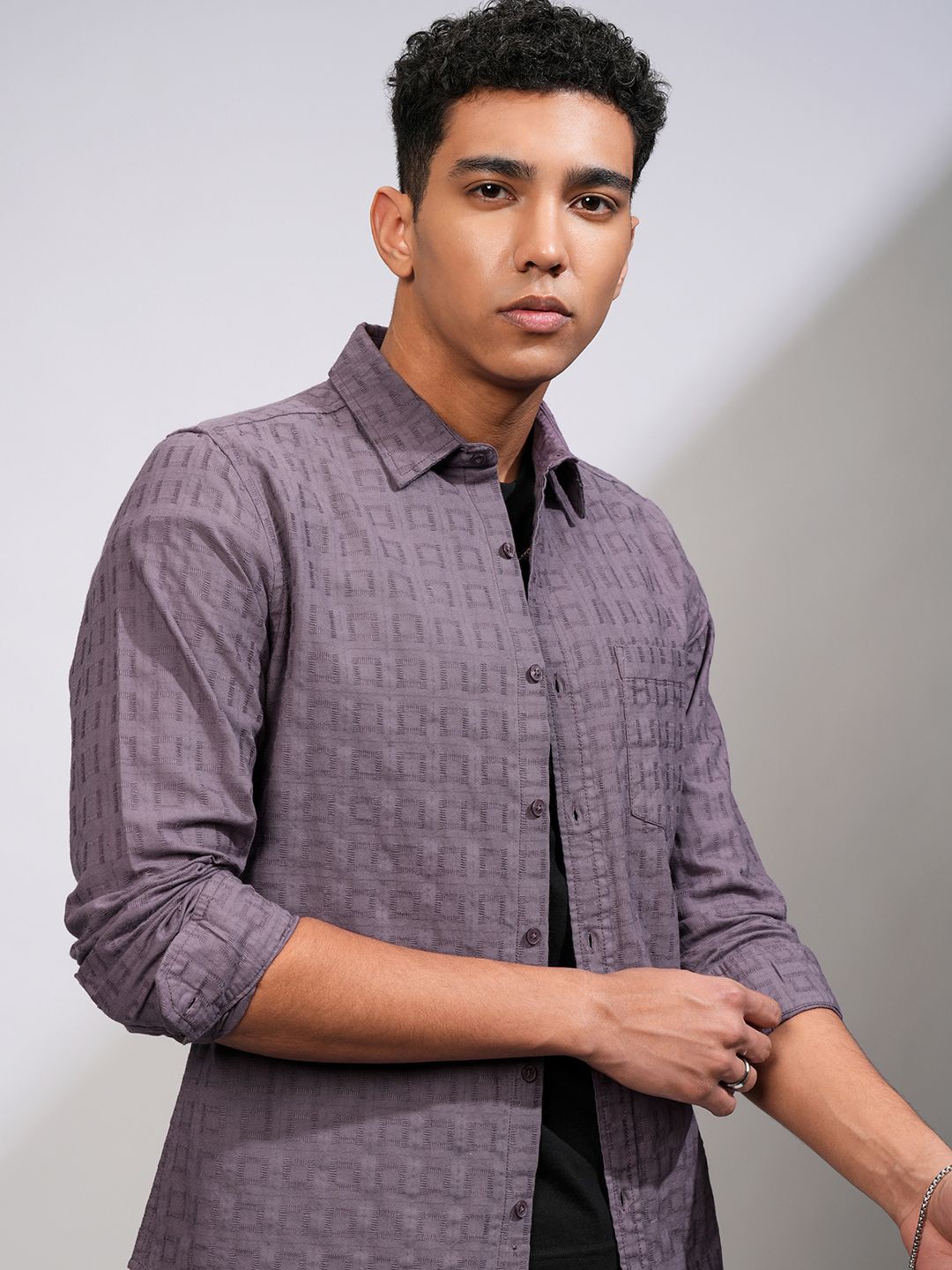 

HIGHLANDER Men Spread Collar Textured Cotton Casual Shirt, Mauve