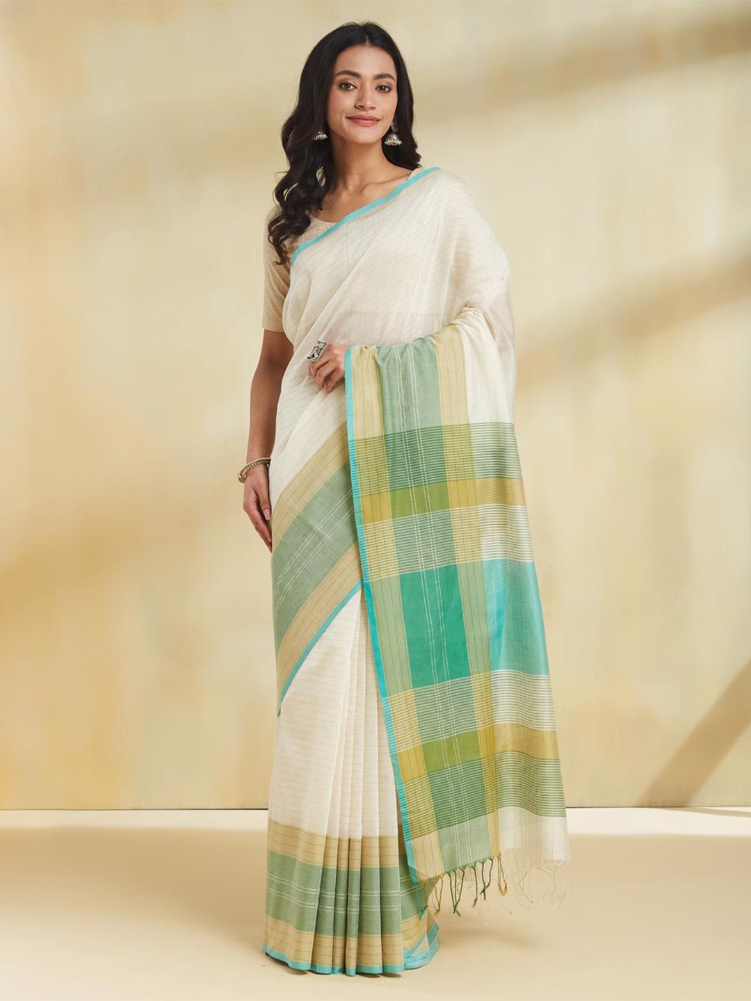 

Fabindia Striped Saree, White