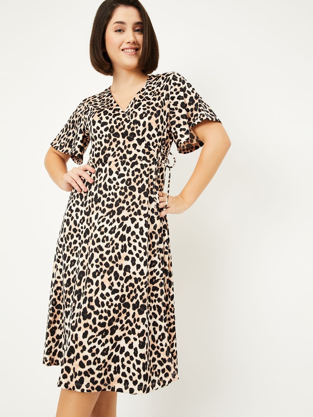 

max Animal Print Flared Sleeve Dress, Beige