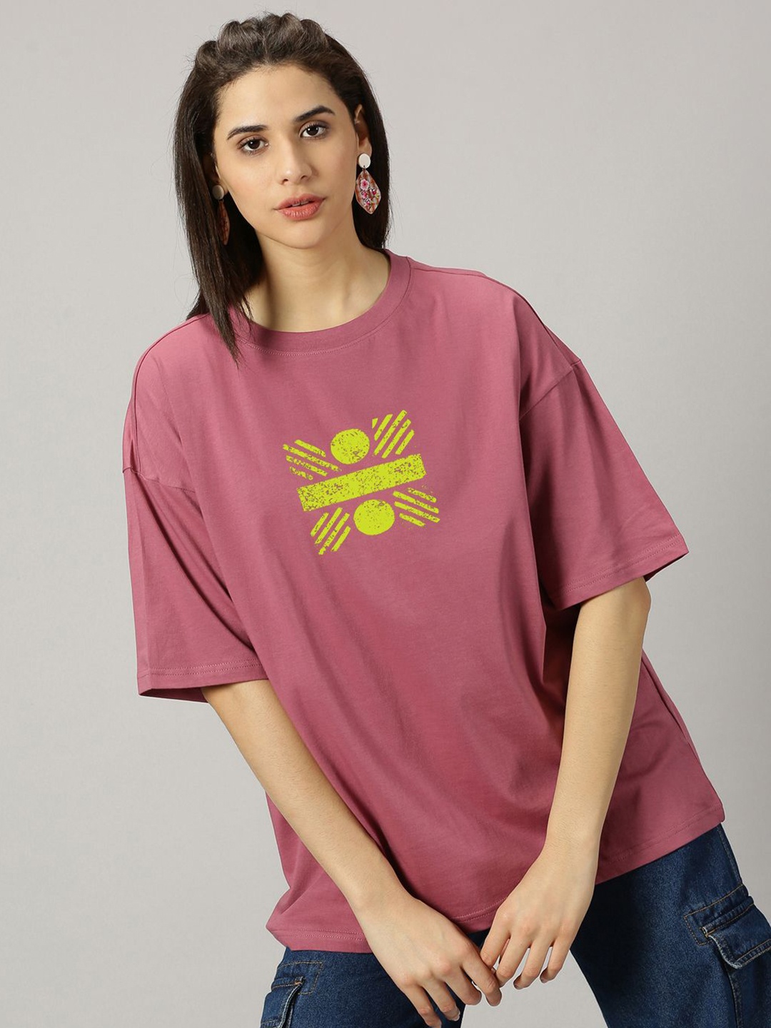 

THE HOLLANDER Women Graphic Printed Round Neck Cotton Oversized T-shirt, Mauve