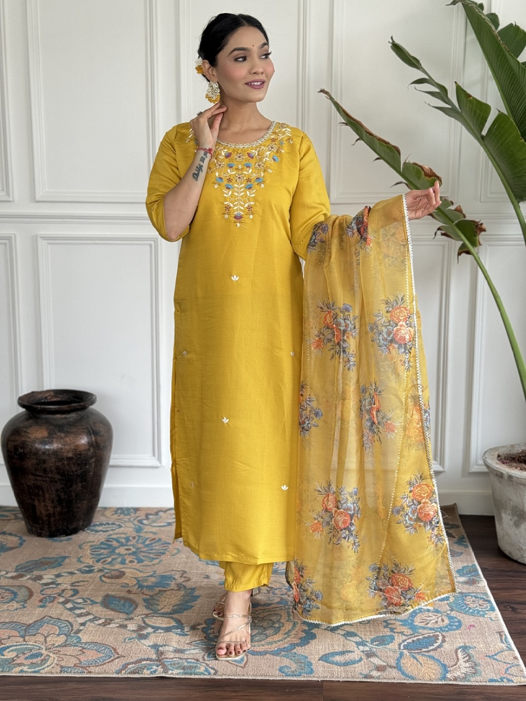 

BAESD Women Ethnic Motifs Embroidered Regular Kurta with Trousers & With Dupatta, Yellow