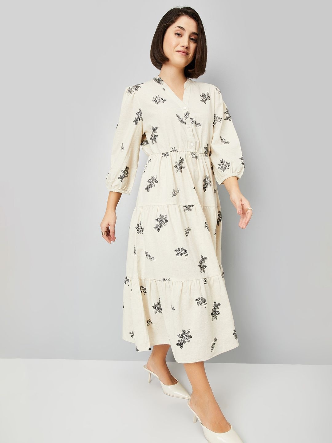 

max Floral Print Puff Sleeve Fit & Flare Midi Dress, Beige