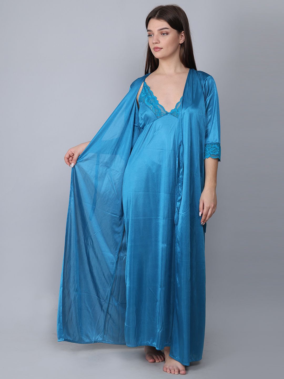 

XPIOX Maxi Satin Nightdress With Robe, Blue