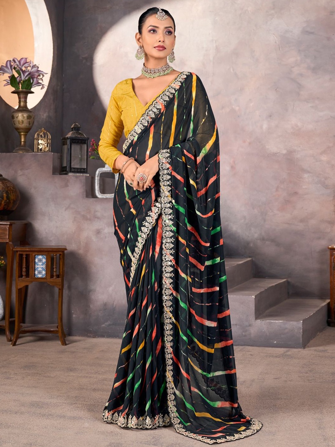 

CHUDIYA Striped Embroidered Pure Chiffon Saree With Blouse Piece, Black