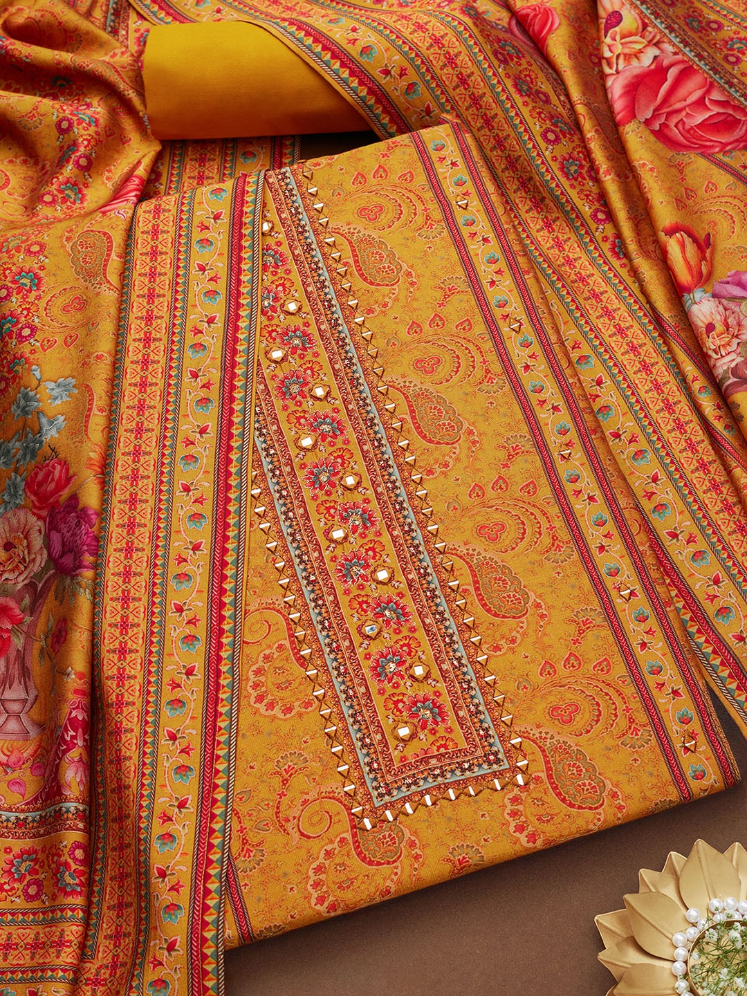 

Soch Floral Printed Mirror Work Unstitched Dress Material, Mustard