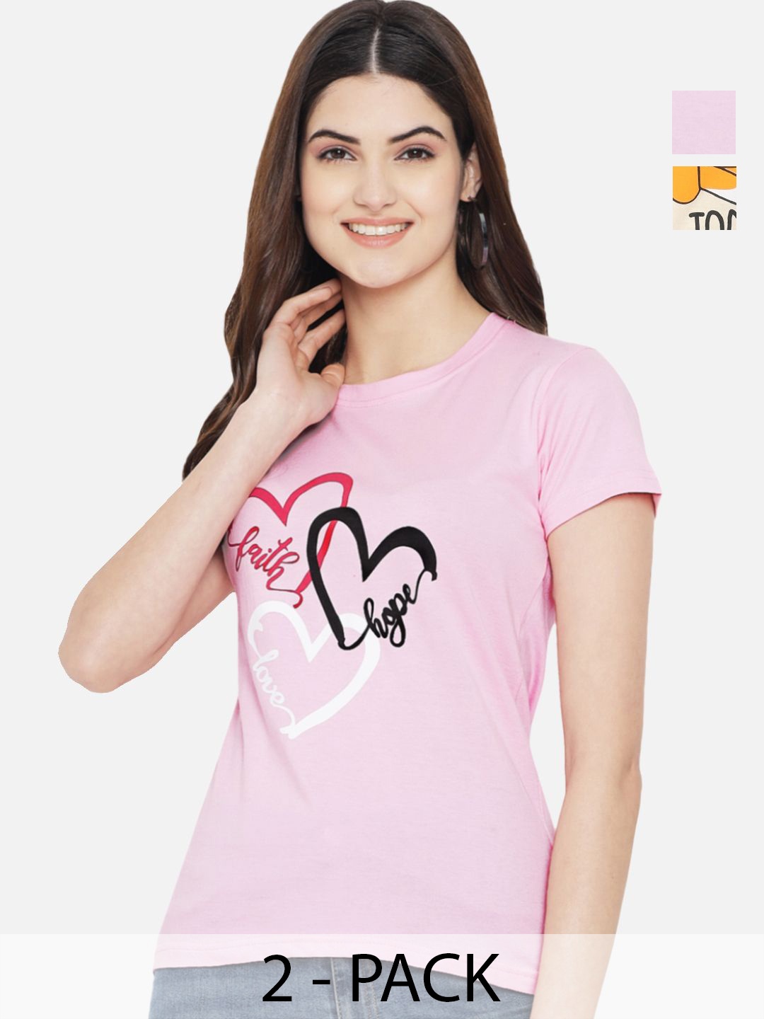 

Dreambe Women Pack Of 2 Graphic Printed Round Neck Cotton T-shirts, Pink