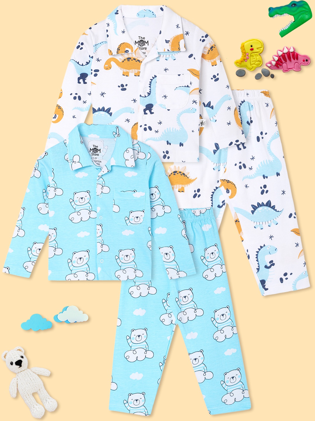 

The Mom Store Kids Pack of 2 Printed Pure Cotton Night suit, White