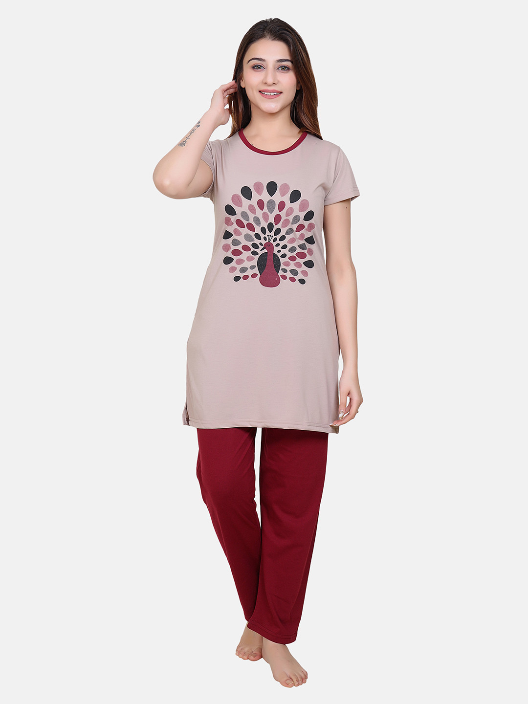 

Divine Girl Women Printed Night suit, Camel brown
