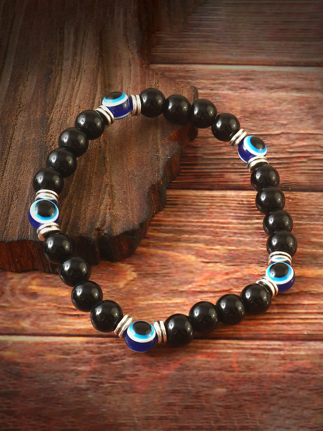 

Jewar Mandi Unisex Artificial Beaded Elasticated Evil Eye Charm Bracelet, Black