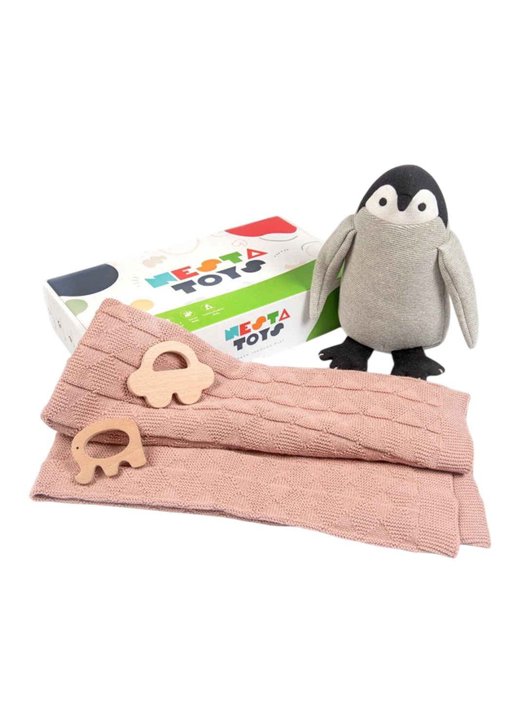

Nesta Toys Infant Kids Knitted Cotton Blanket Penguin Plush Toy Elephant and Car Teether, Beige