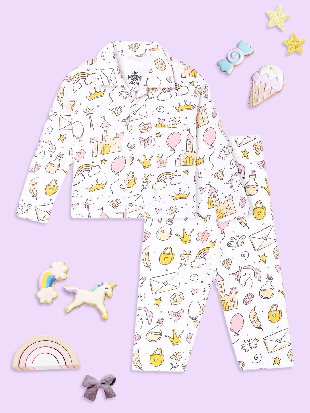 

The Mom Store Kids Printed Shirt Collar Pure Cotton Night suit, White
