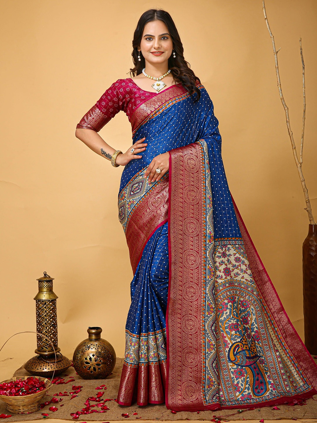 

HI FI NX Bandhani Printed Woven Design Zari Kanjeevaram Saree, Blue
