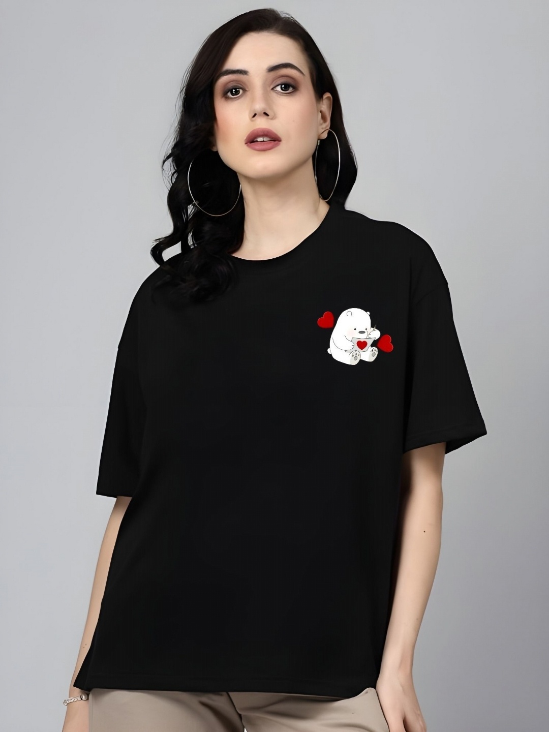 

SZN Women Graphic Printed Round Neck Cotton Oversized T-shirt, Black