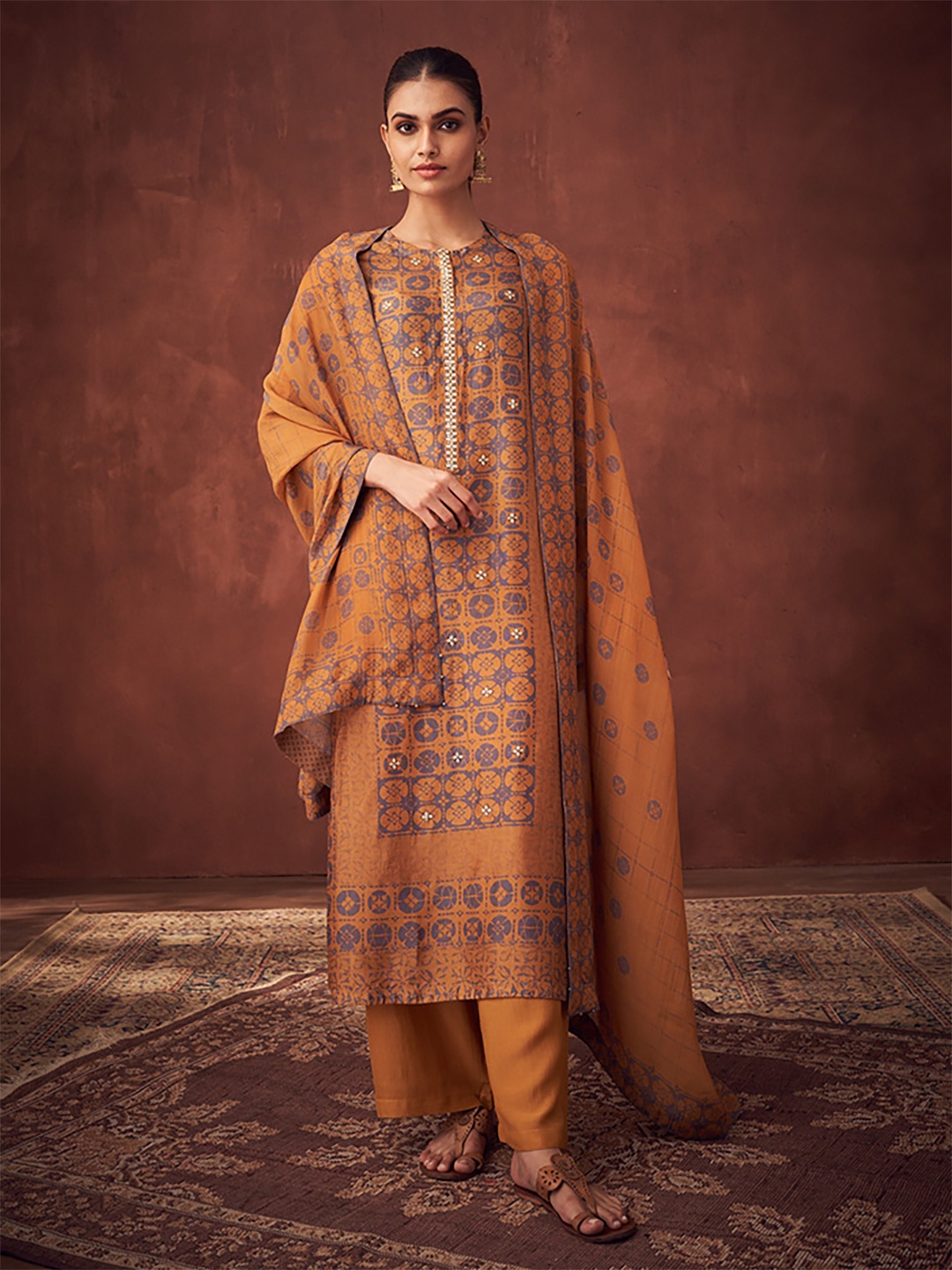

SAUNDH Geometric Printed Silk Blend Unstitched Dress Material, Mustard