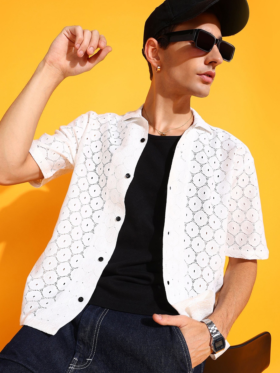 

INDICLUB Men Relaxed Fit Cuban Collar Textured Casual Shirt, White