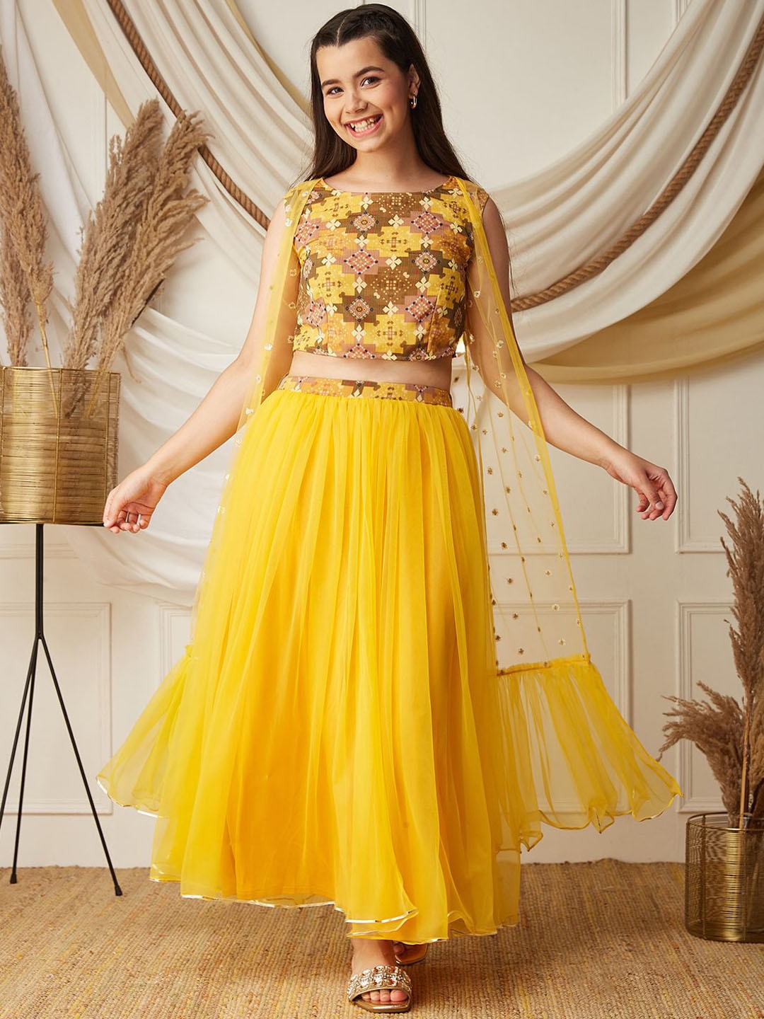 

BAESD Girls Ethnic Motifs Printed Boat Neck Sequinned Top With Skirt, Mustard