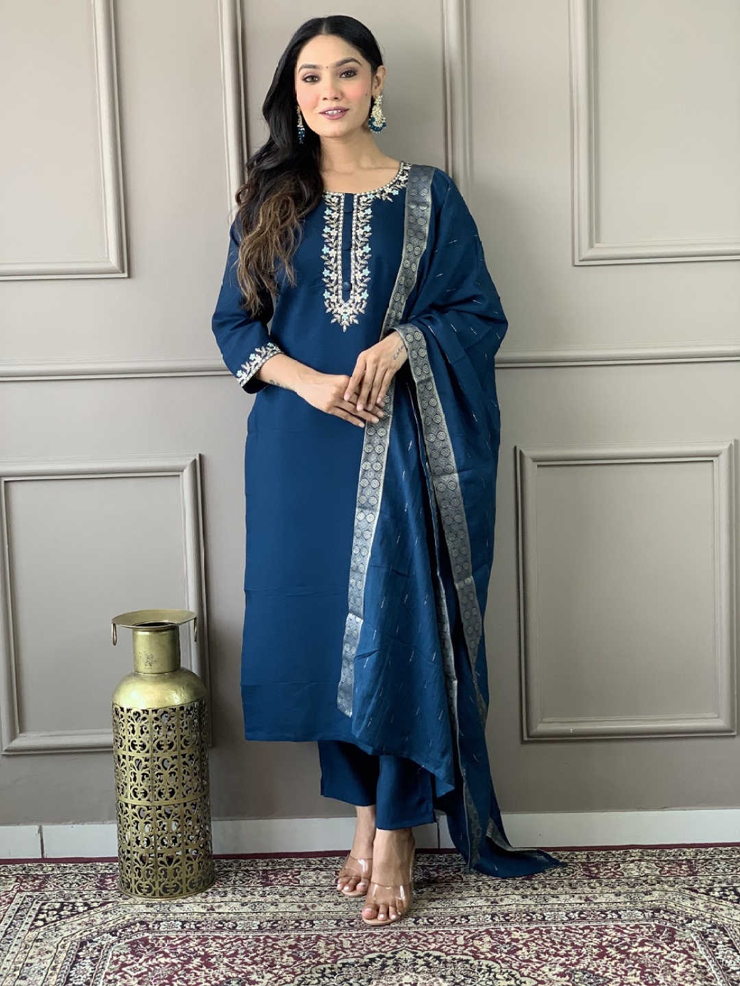 

Fashion Ritmo Floral Embroidered Round Neck Straight Kurta with Trouser And Dupatta, Blue