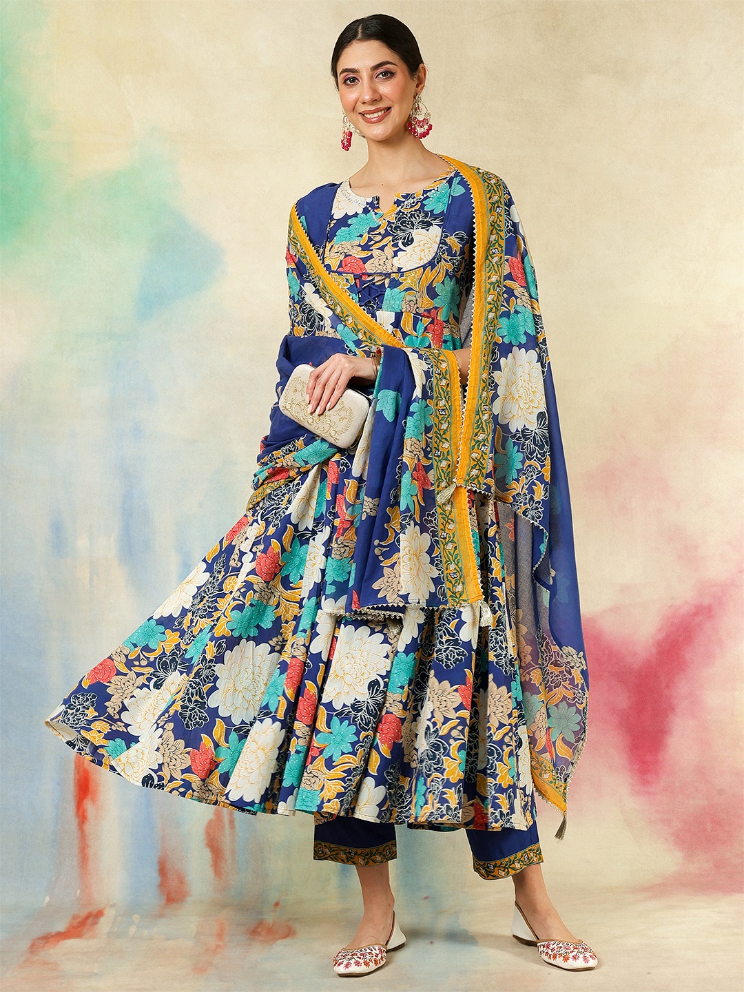 

KIMAYRA Floral Printed Pure Cotton Anarkali Kurta With Trousers And Dupatta, Blue