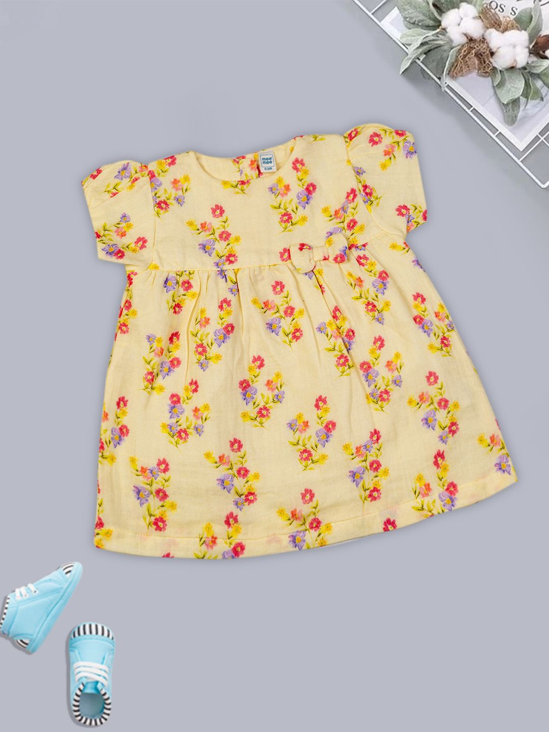 

MeeMee Girls Floral Printed Puff Sleeves Cotton Fit & Flare Dress, Beige