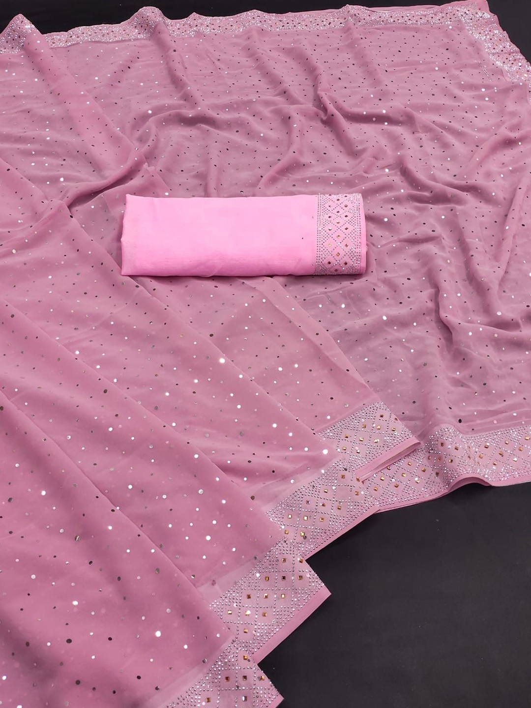 

PAYAL CREATION Embellished Beads and Stones Pure Georgette Maheshwari Saree, Pink