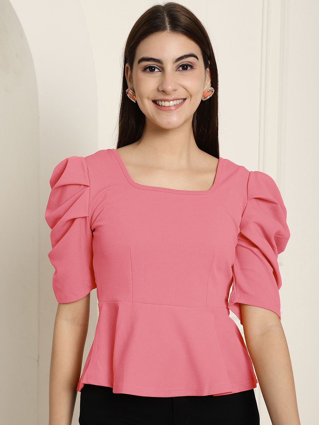 

Tromko Women Solid Square Neck Peplum Top, Pink