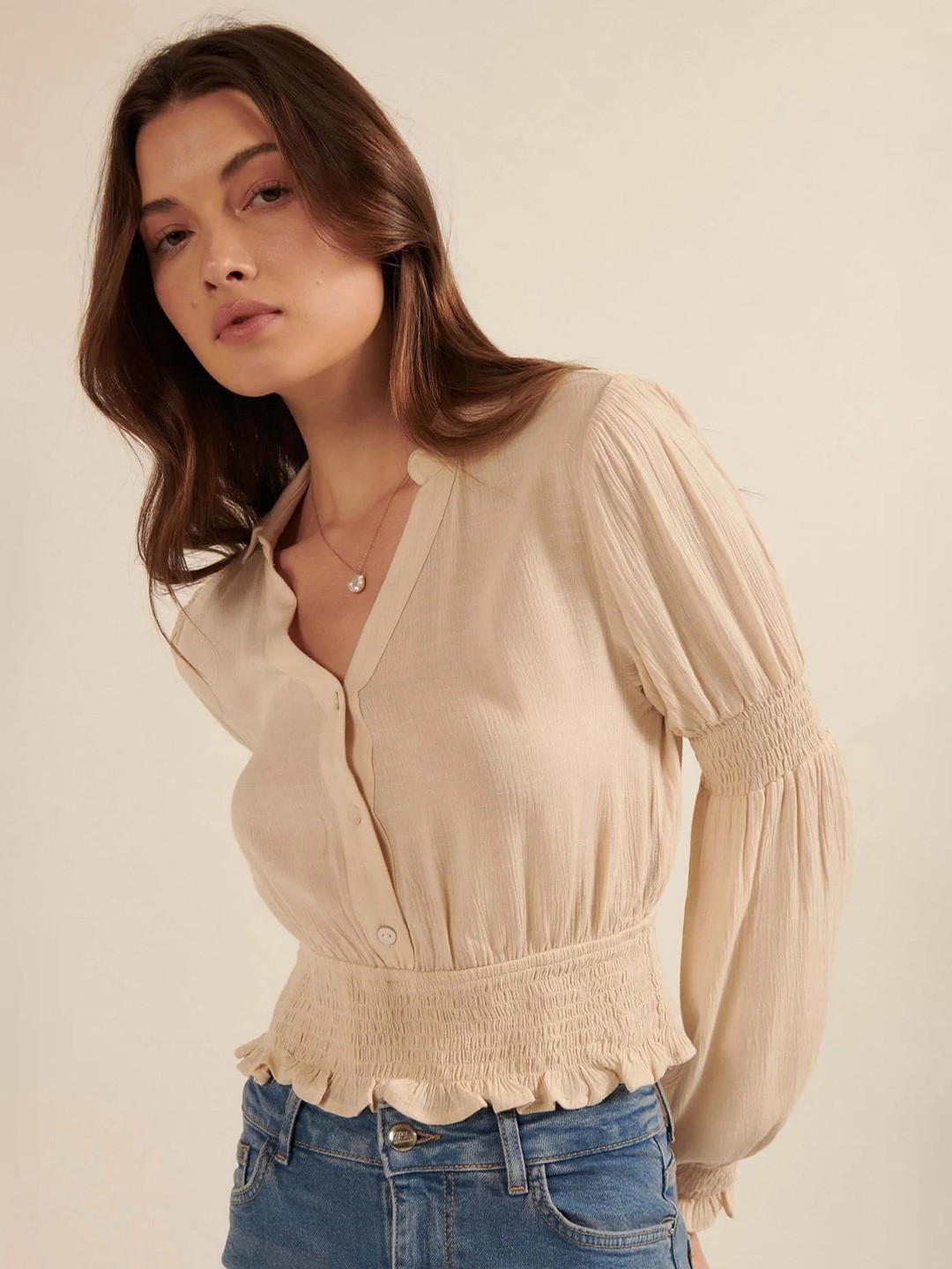 

FNOCKS Women Textured Shirt Collar CottonPeplum Top, Beige