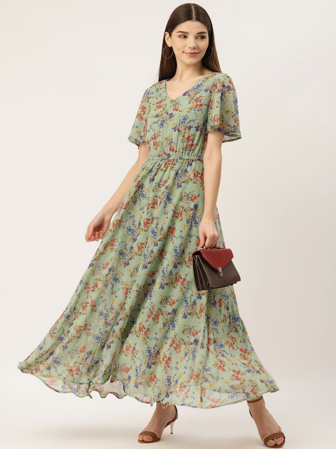 

DressBerry Floral Printed Flared Sleeve Fit & Flare Maxi Dress, Green