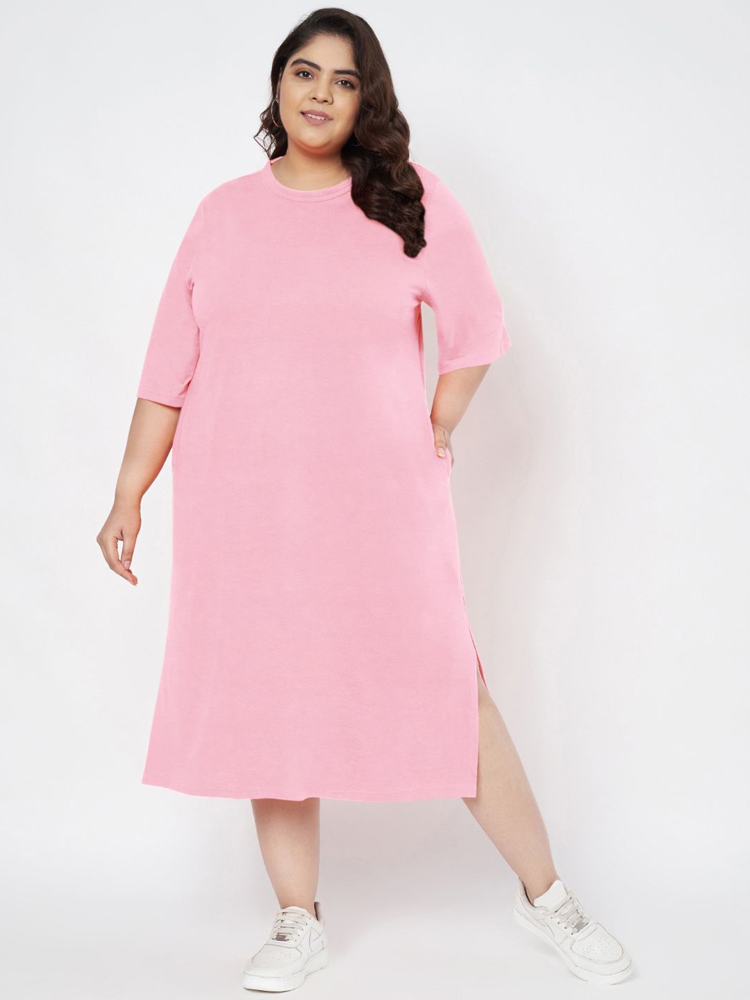 

BRINNS Women Plus Size Cotton T-shirt Midi Dress, Pink
