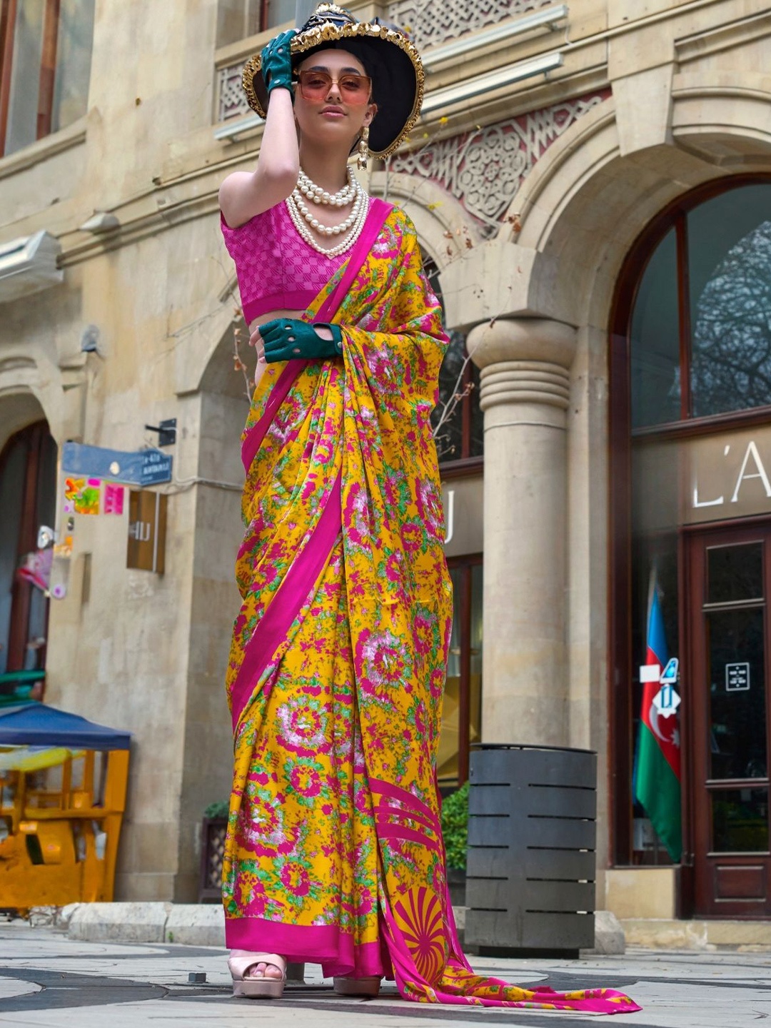

PEENGAX Floral Satin Saree, Mustard