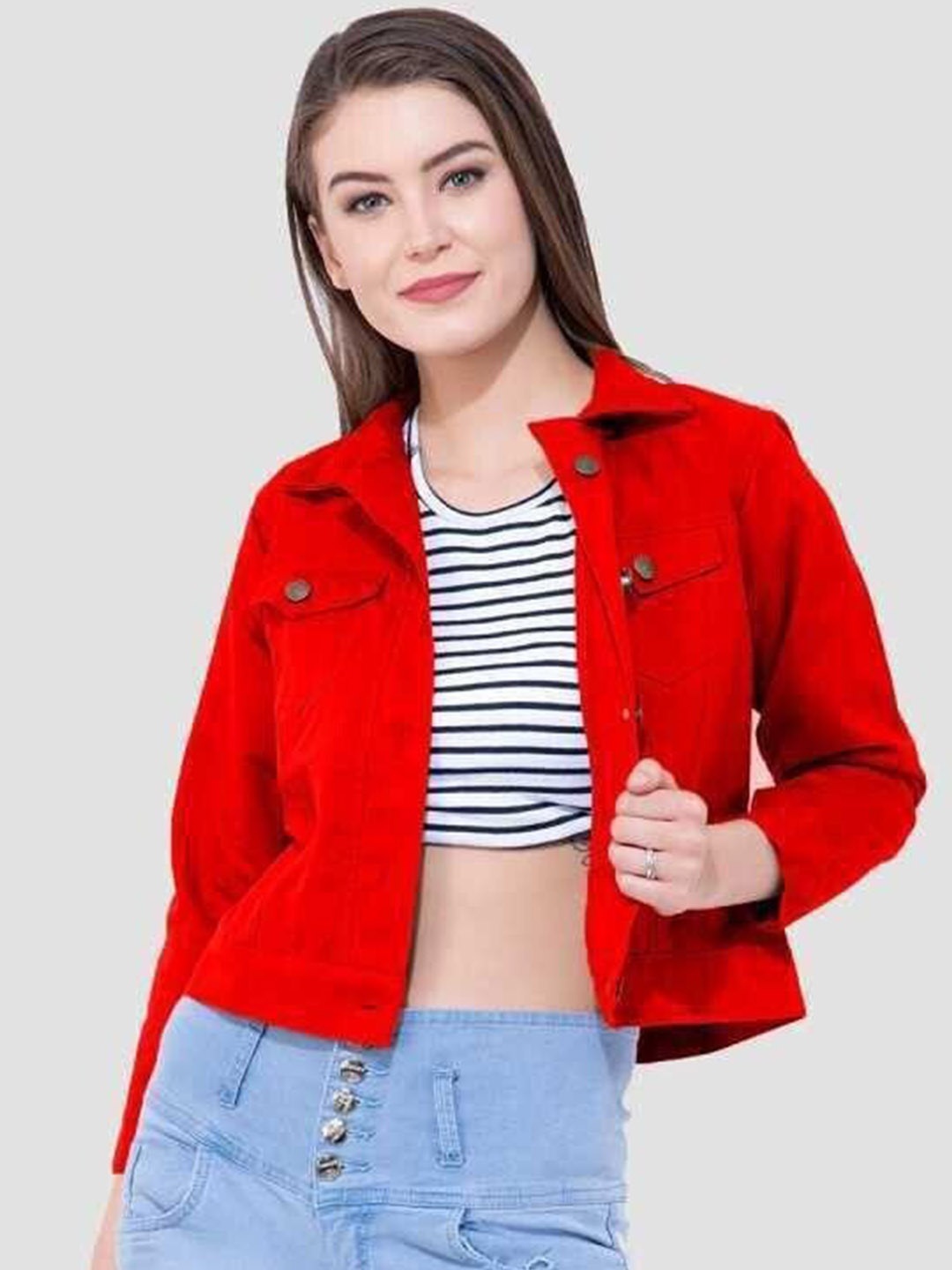 

KASHIAN Women Spread Collar Solid Casual Denim Jacket, Blue
