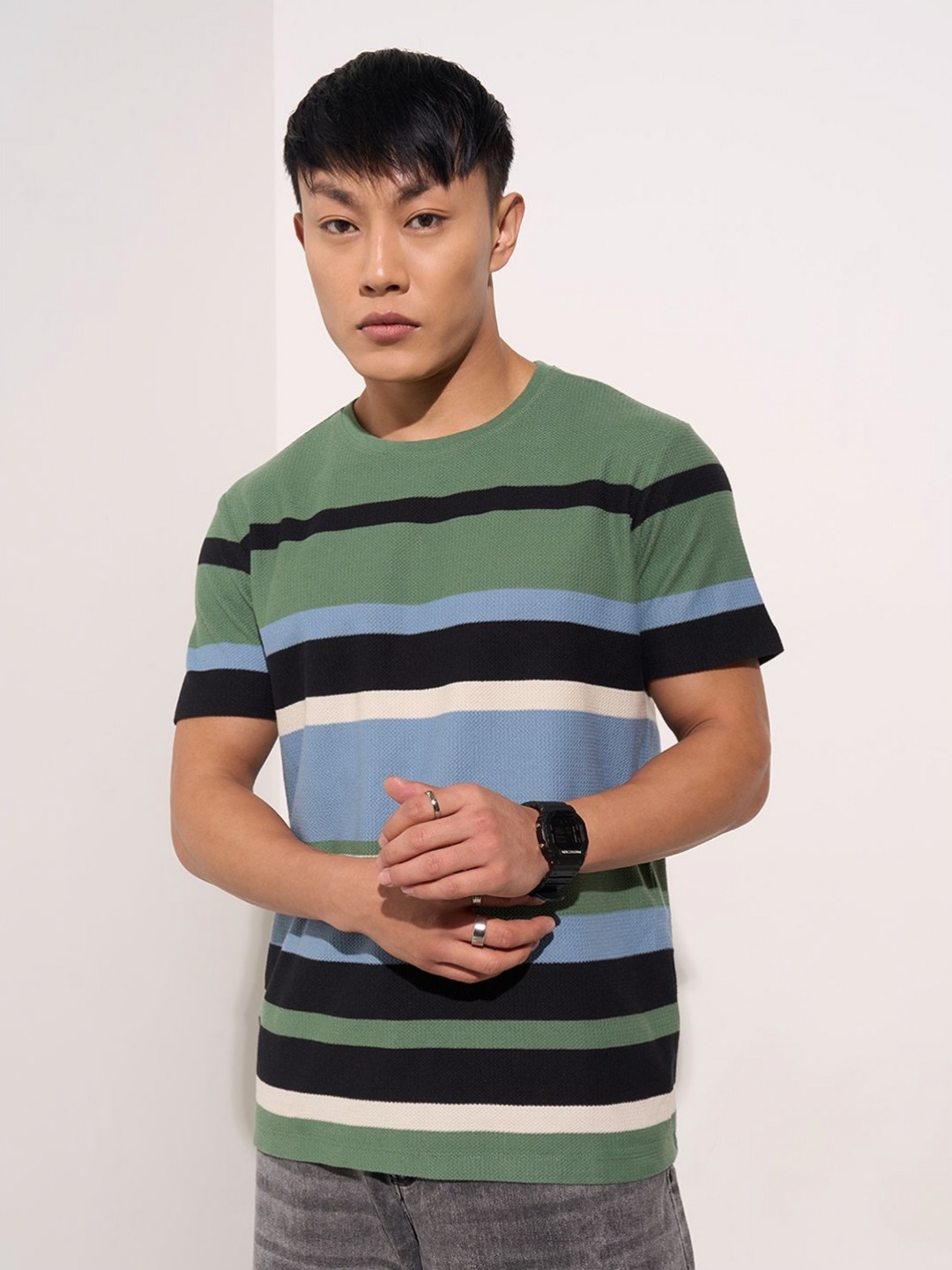 

SF JEANS by Pantaloons Men Striped Round Neck Cotton T-shirt, Olive
