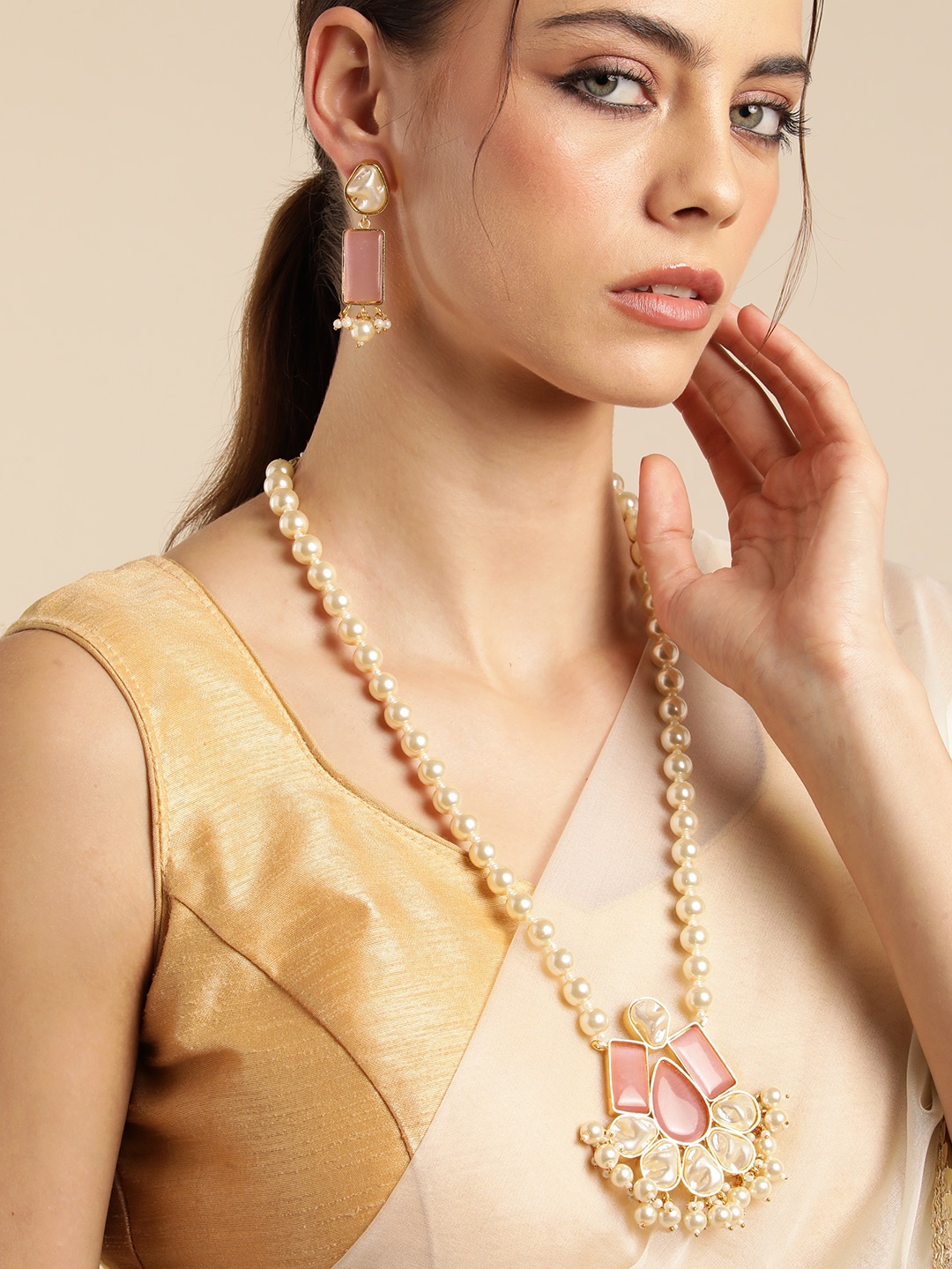 

Anouk Gold Plated Beaded & MOP Studded Premium Necklace & Earring Set, Pink