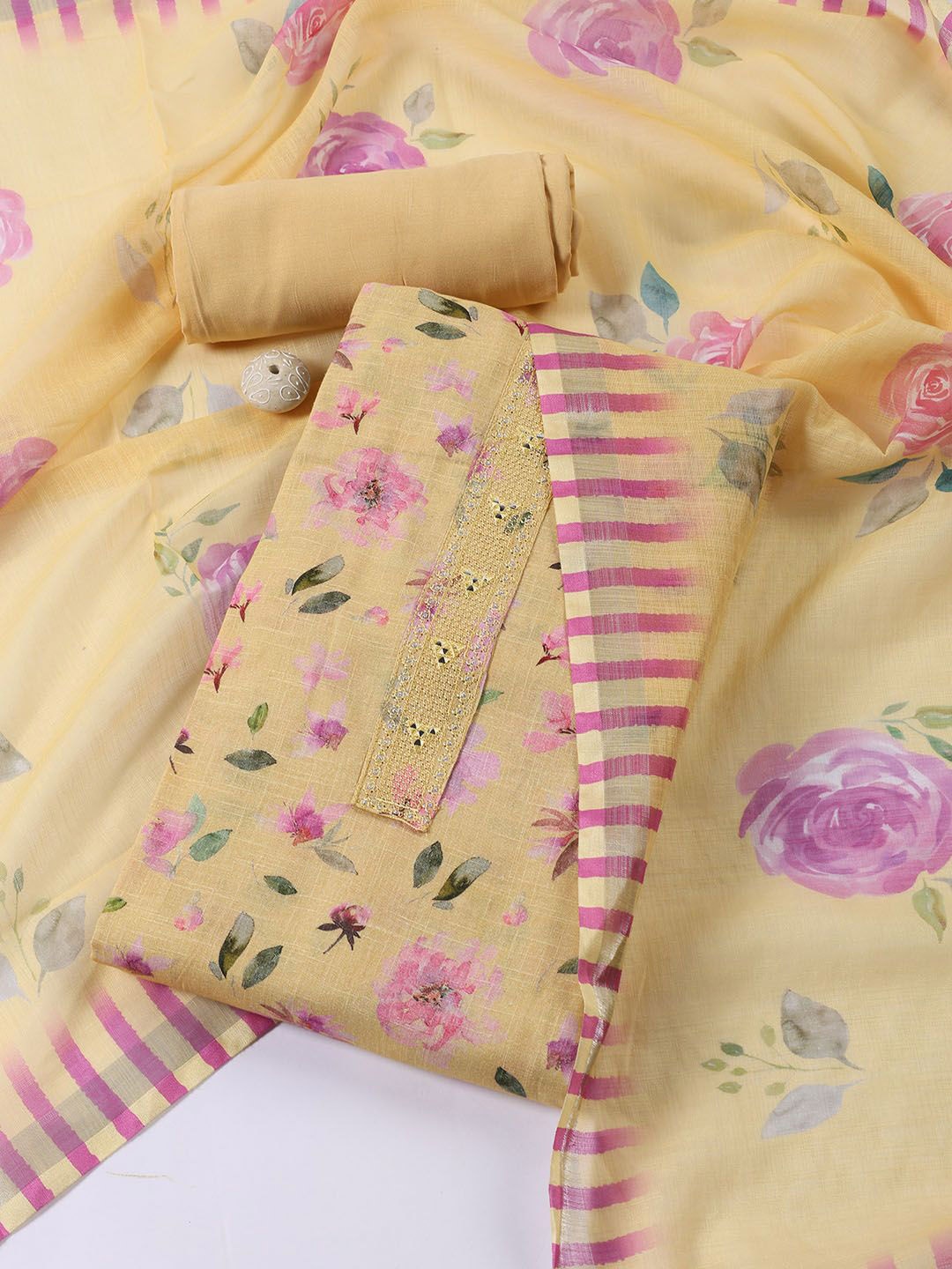 

Meena Bazaar Floral Printed Mirror Work Linen Unstitched Dress Material, Yellow