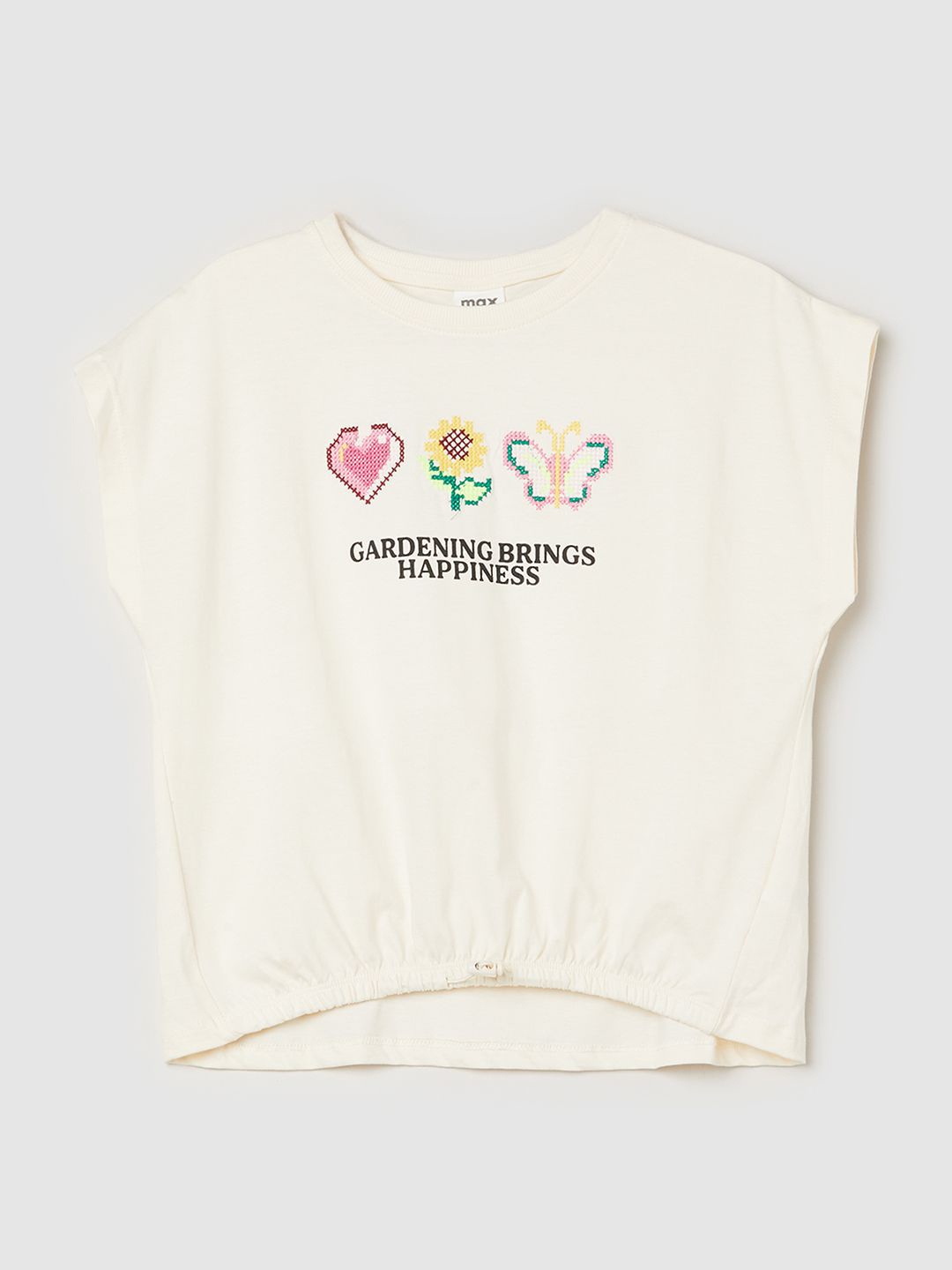 

max Girls Graphic Printed Round Neck Cotton Top, Beige