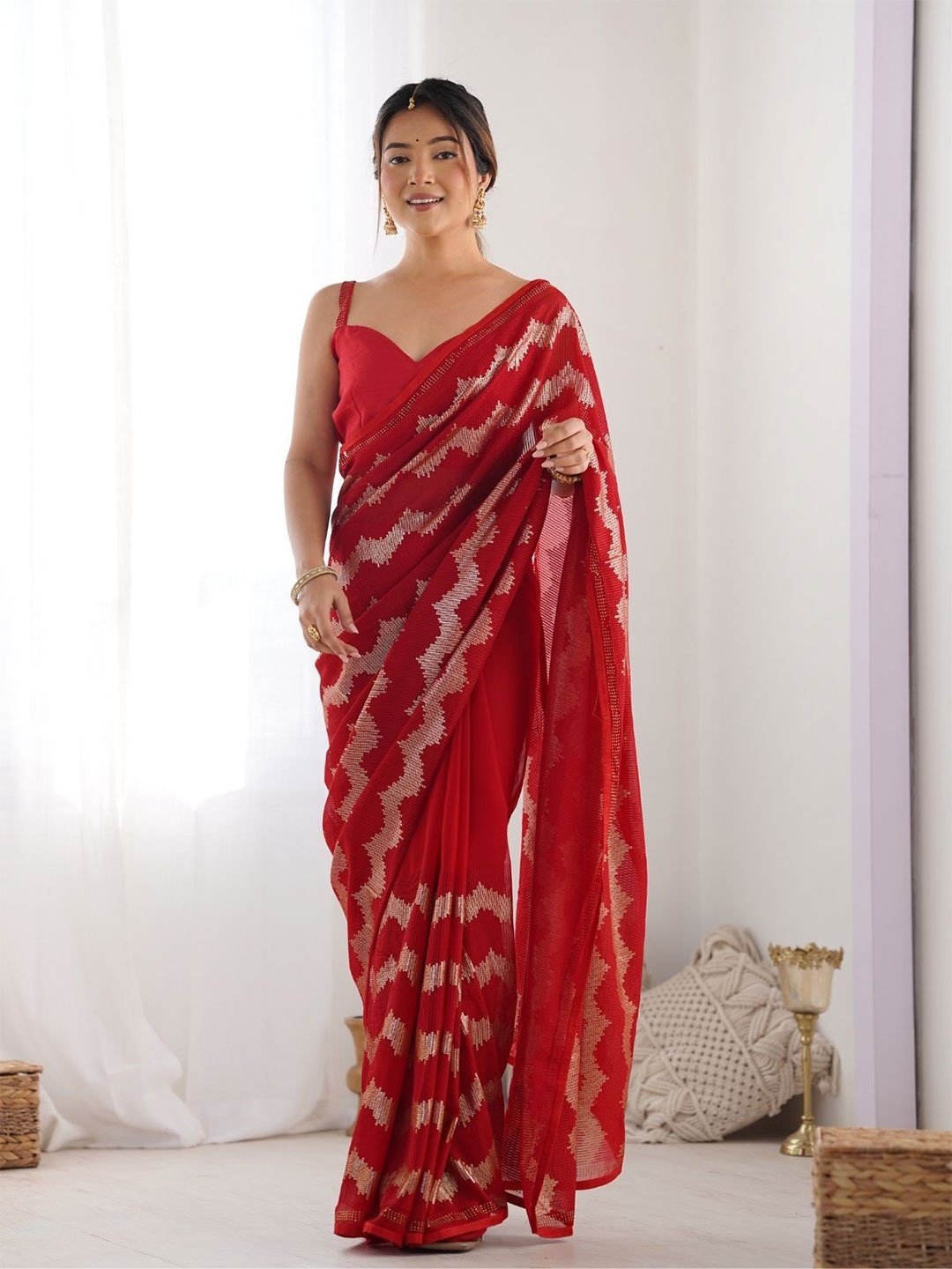 

ODETTE Red Georgette Sequins Saree With Unstitched Blouse
