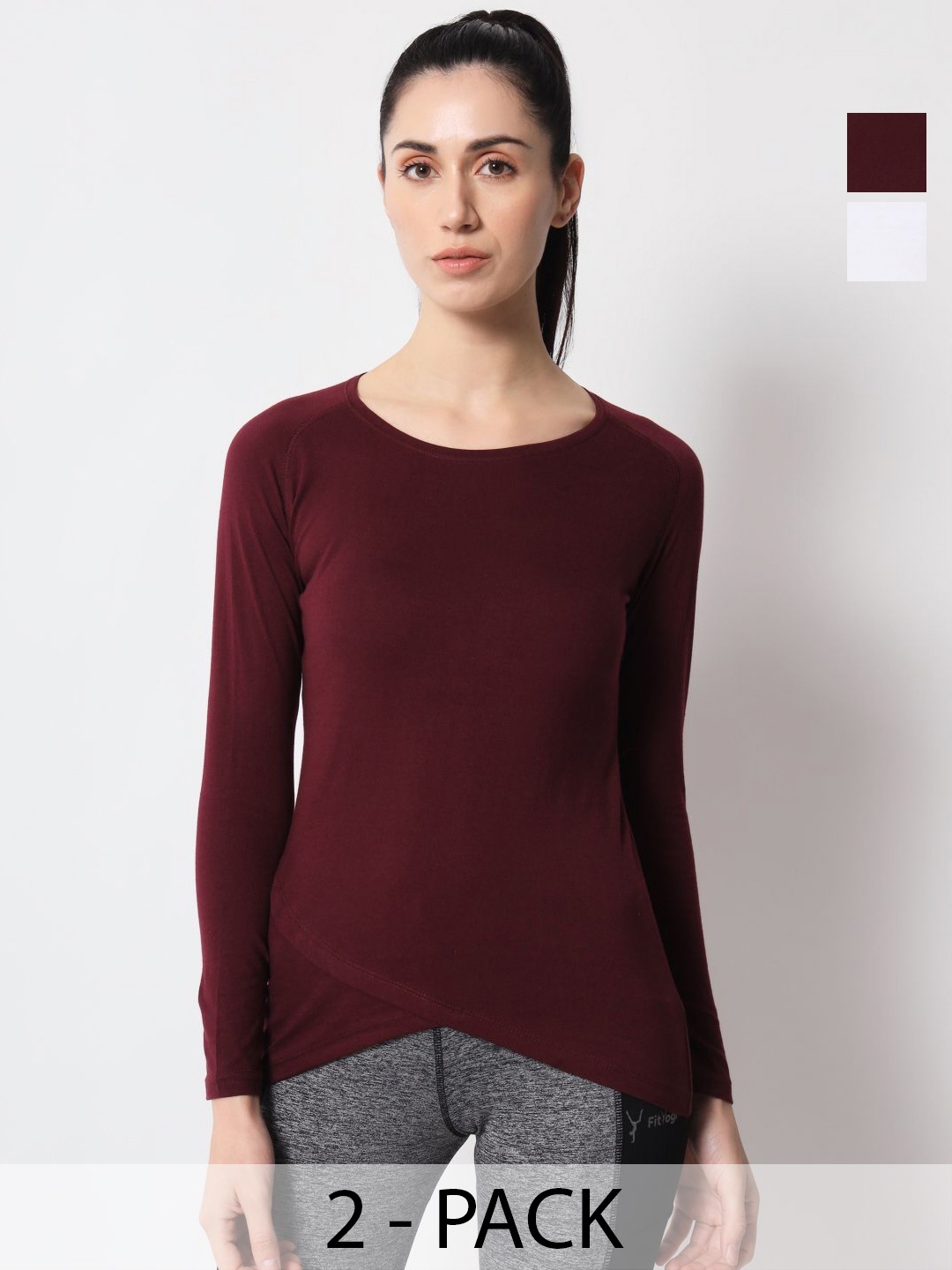 

appulse Women Pack Of 2 Solid Round Neck Cotton Slim Fit T-shirts, Maroon