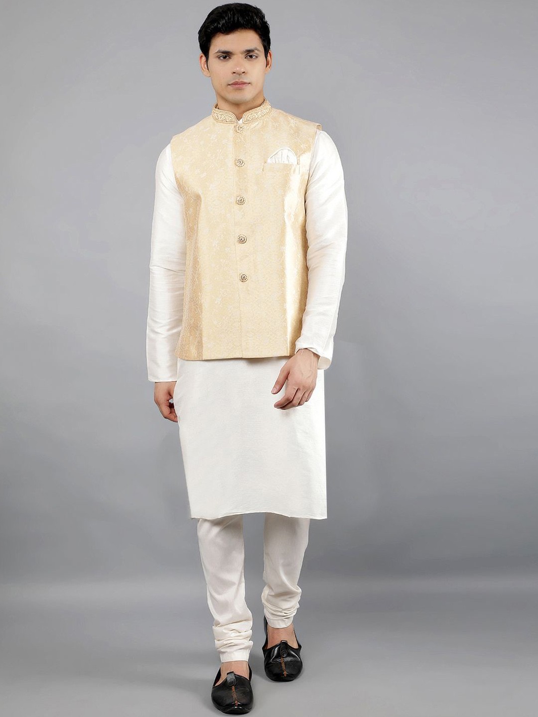 

Manish Creations Woven Design Mandarin Collar Straight Kurta with Churidar & Nehru jacket, Cream