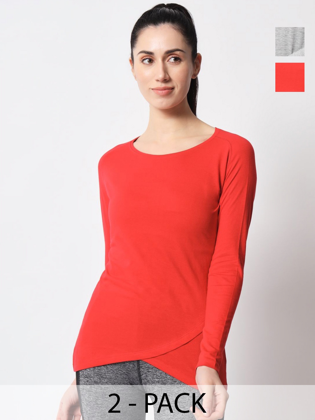 

appulse Women Pack Of 2 Solid Round Neck Cotton Slim Fit Sports T-shirts, Coral
