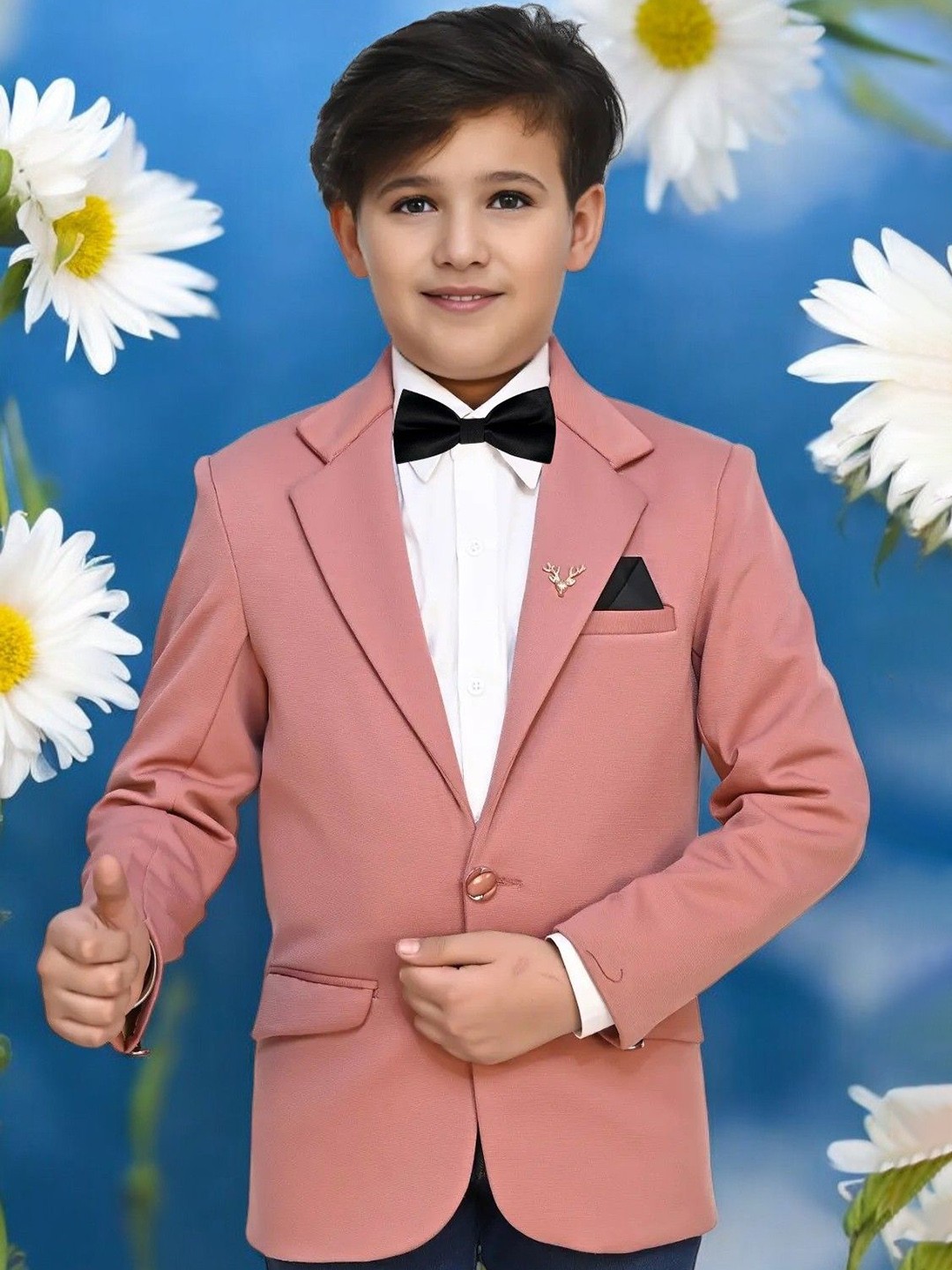 

Qitty Boys Notched Lapel Single Breasted Party Blazer With Shirt & Bow Tie, Peach