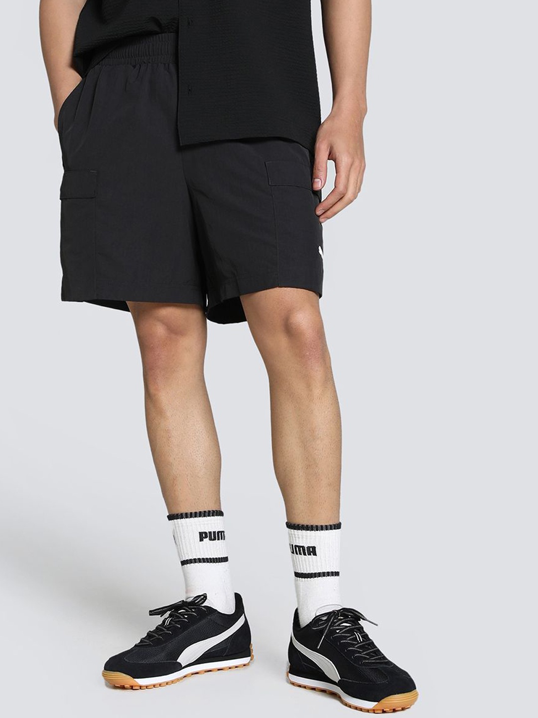 

Puma Wardrobe Essentials Men Brand Logo Printed Relaxed Fit Cargo Shorts, Black