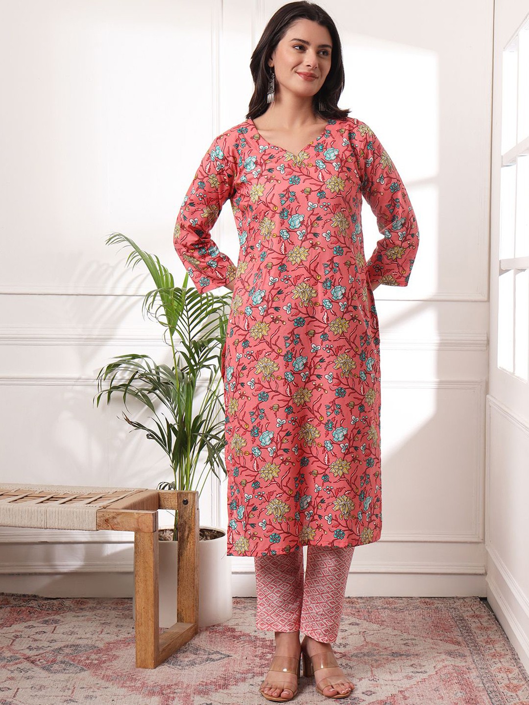 

KALINI Floral Printed Sweetheart Neck Pure Cotton Kurta With Trousers & Dupatta, Pink