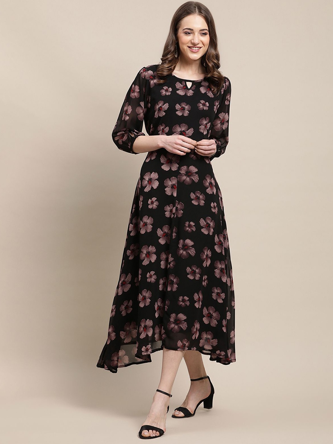 

Metronaut Floral Print Puff Sleeve Applique Georgette Fit & Flare Midi Dress, Black